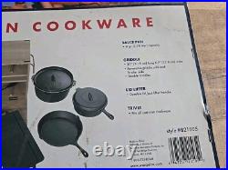 Wenzel 1887 Cast Iron Cookware Set Dutch Oven Skillet Griddle Wood Crate Trivet