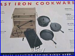 Wenzel 1887 Cast Iron Cookware Set Dutch Oven Skillet Griddle Wood Crate Trivet